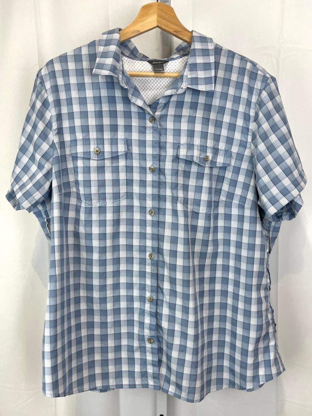 EDDIE BAUER Size 2XL Check Plaid Vented Button Front Shirt Short Sleeve Blue